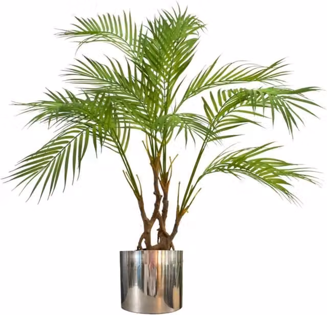 Leaf Design UK Artificial Areca Palm Plant with Twisted Detail Trunk and Silver Metal Planter, Green and Silver