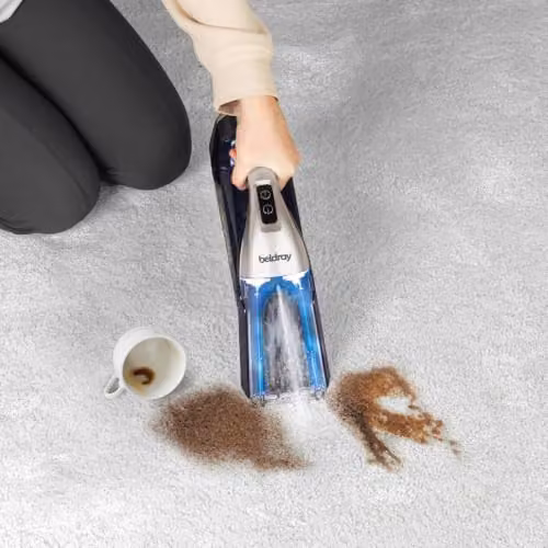 Beldray BEL01624 Cordless Spot Buster Blue Handheld Carpet Cleaner with 110ml Detergent Tank and Built-in Spray Function – 7