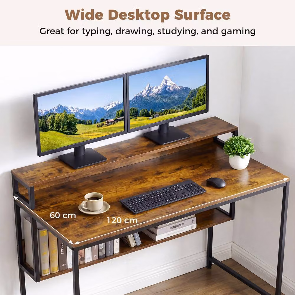 Gymax Industrial Office Desk with Monitor Stand, Brown Metal Frame – 2