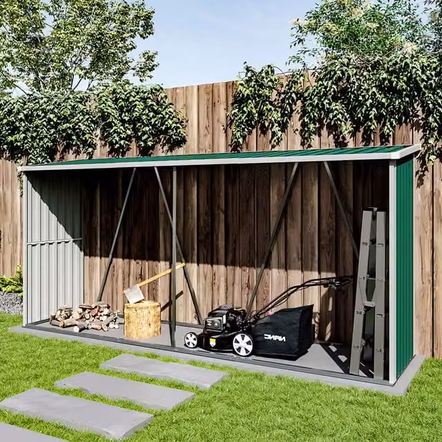 Livingandhome Galvanised Steel Pent Log Storage Shed in Green