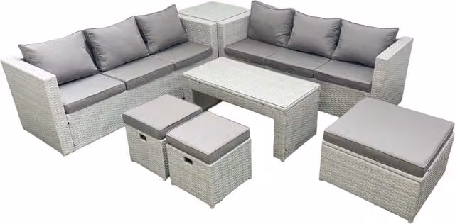 Fimous 9 Seater Rattan Garden Furniture Set in Light Grey with L-Shape Sofa, Coffee Table and 3 Footstools – 1