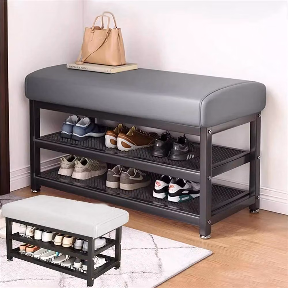 EONLION Grey Shoe Storage Cabinet Bench with Padded Synthetic Leather Cushion, W: 60 cm, D: 15 cm, H: 45 cm – 3