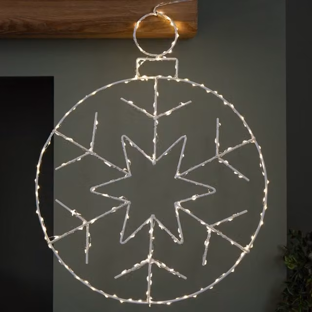 Samuel Alexander Silver and White Hanging Christmas Snowflake Bauble with 250 White LEDs, W: 48 cm, D: 38 cm – 1