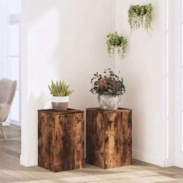 Berkfield Home Set of 2 Modern Square Plant Stands in Smoked Oak Brown, W/D/H: 30 x 30 x 50 cm – 1