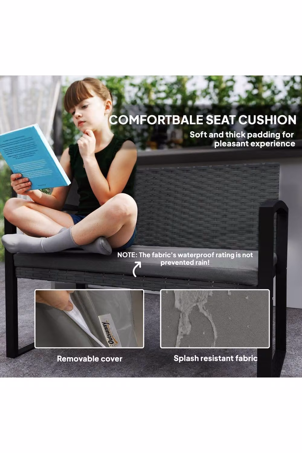 ERGOVEXA Two-Seater Modern Rattan Garden Bench with Armrests and Cushions, Grey, W: 103 cm, H: 78 cm, D: 58 cm – 3