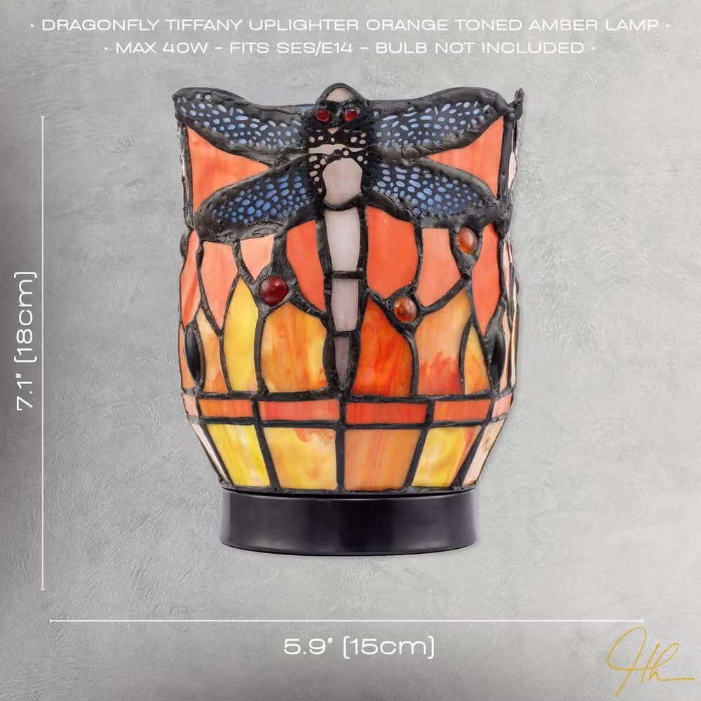 Happy Homewares Classic Dragonfly Tiffany Uplighter Tabletop Lamp in Orange Stained Glass – 5
