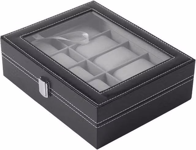 SPETLEK 10 Grid Jewelry Storage Box in Black with Glass and Metal Details W/D/H: 25.5 x 8.0 x 1.0 cm – 1