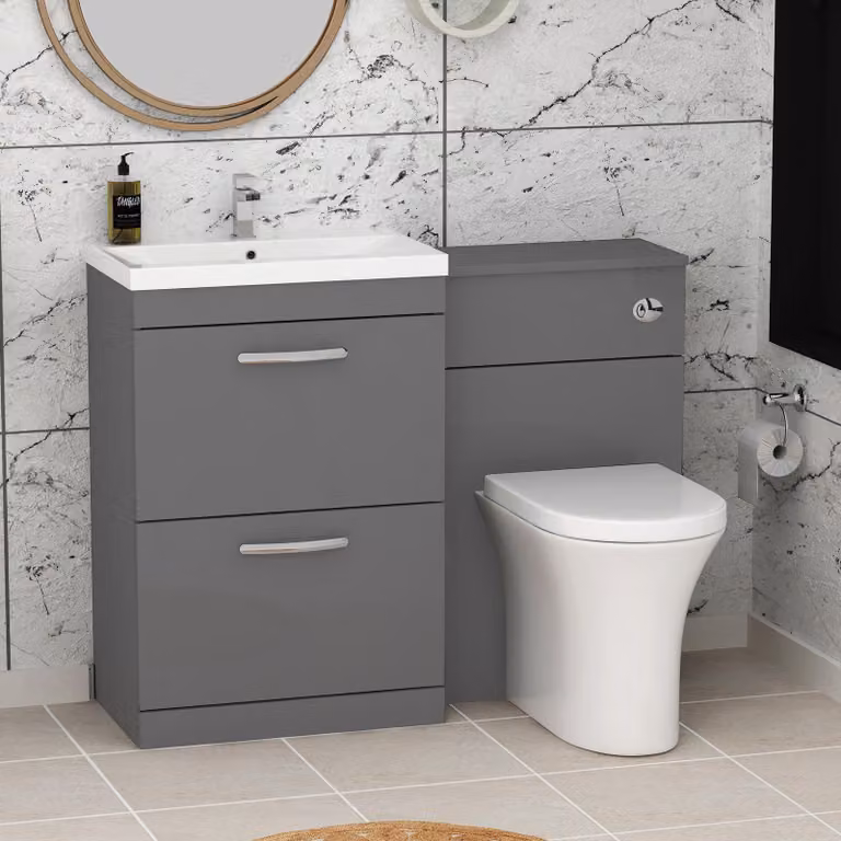 Royal Bathrooms Indigo Grey Gloss 2 Drawer Furniture Pack with Mid Edge Basin and Breeze Back to Wall Toilet, W: 110 cm