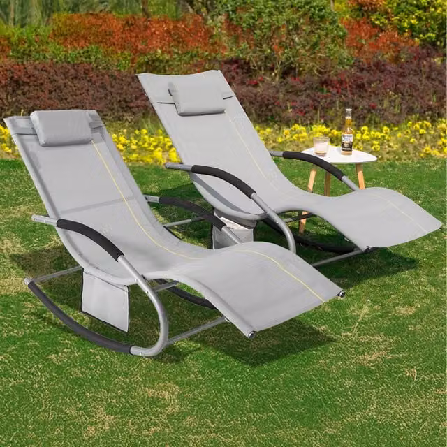 SoBuy Set of 2 Grey Outdoor Rocking Garden Recliner Armchairs with Adjustable Headrest and Armrests