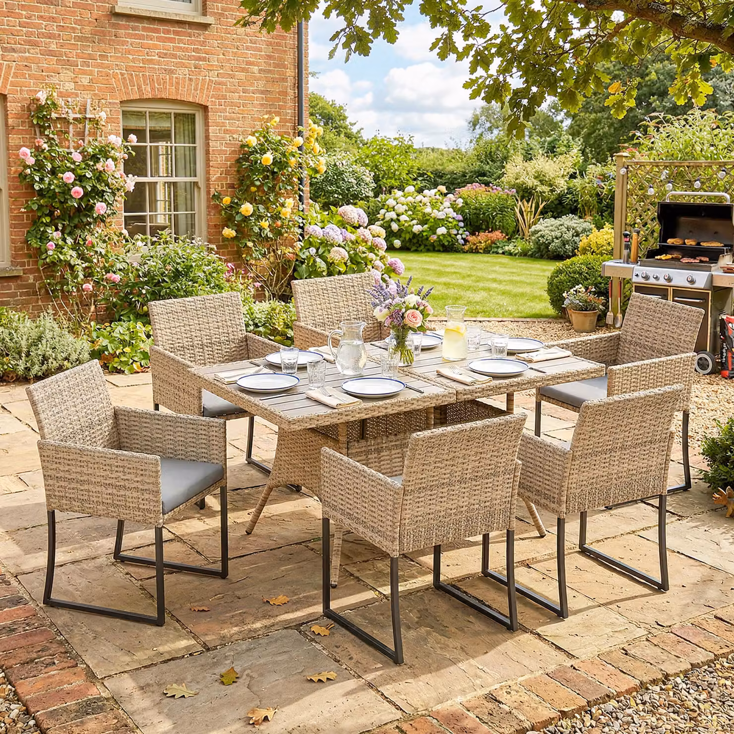 Outsunny 7 Piece Rattan Garden Dining Set with Wood-Plastic Table and 6 Chairs in Grey – 2