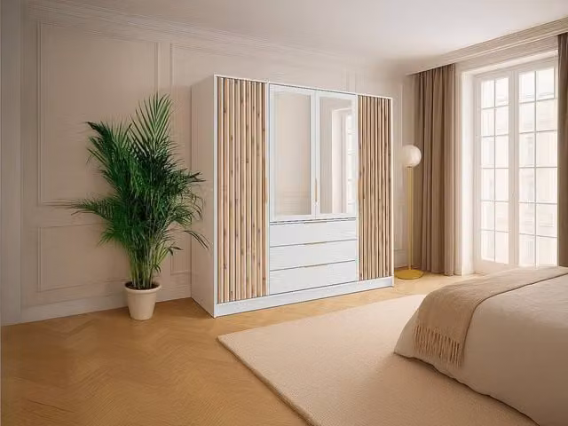 Vente-unique L77 4-Door Wardrobe with Mirror and 3 Drawers in Natural and Light Oak, H: 200 cm, W: 121 cm, D: 58 cm