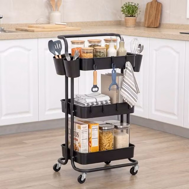 STILVORA Three-Tier Metal Storage Trolley with Handle and Wheels in Matt Black, H 86.5 x W 38.0 cm – 1