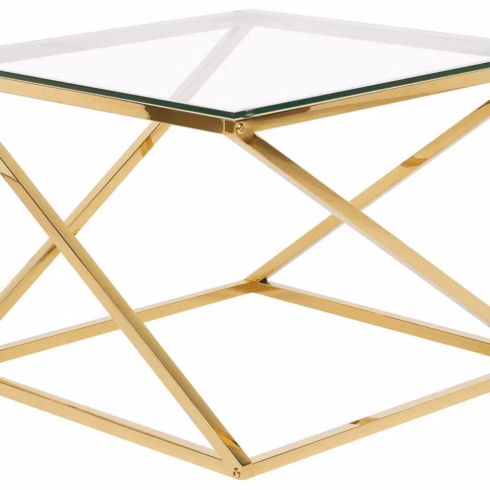 Wyld and Coco Home Gold Square Glass Top Coffee Table with Steel X-Frame, W/D: 60 x 60 cm, H: 45 cm – 2