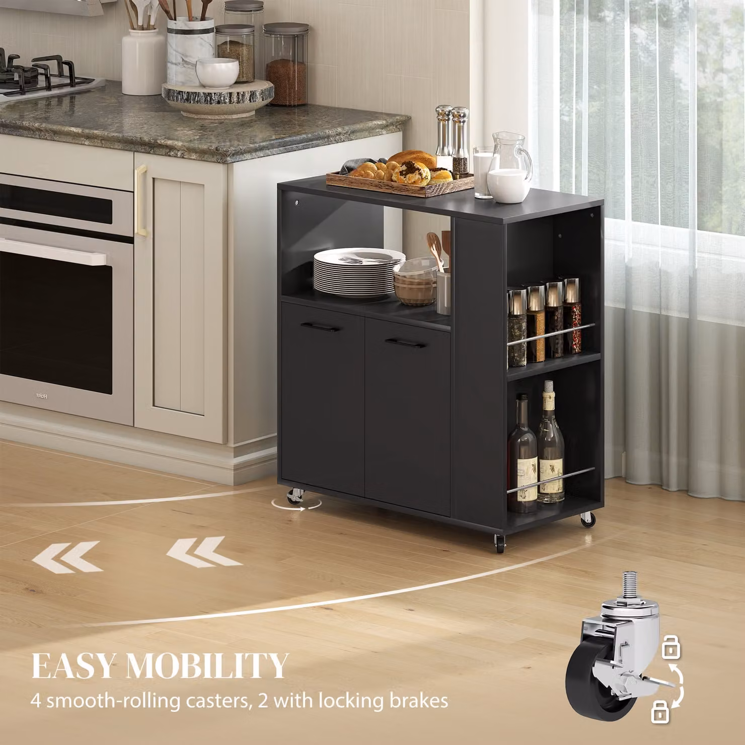 HOMCOM Black Rolling Kitchen Trolley with 2-Door Cabinet, Spice Rack and Adjustable Shelf – 6