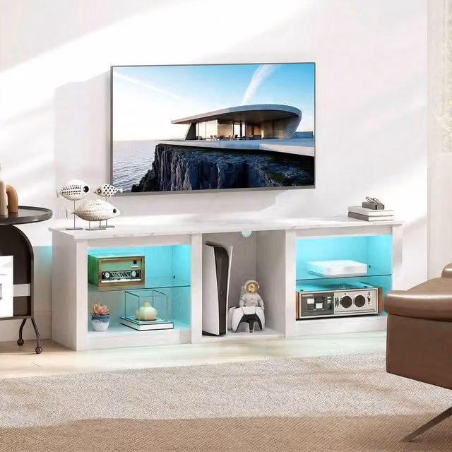 HOMCOM Modern White TV Unit with Integrated LED Lighting and Glass Details – 1