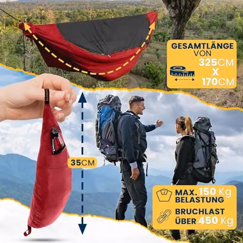 Ticket to the Moon Parachute Hammock Pro with Integrated Mosquito Net, Carabiners and Ridgeline, Bordeaux Red, 325 x 170 cm – 5