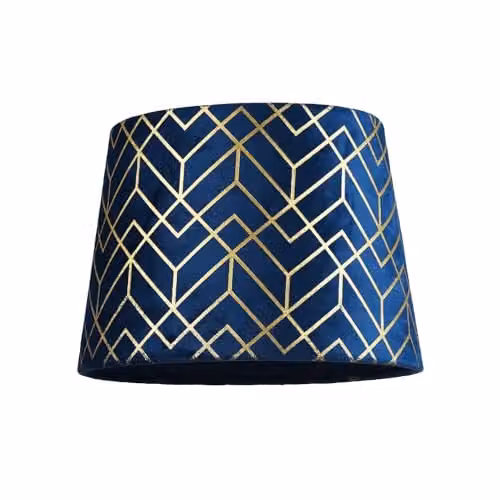 Happy Homewares Modern Navy Blue Velvet Cylinder Lamp Shade with Gold Geometric Design, W/D/H: 25 x 25 x 18 cm – 1