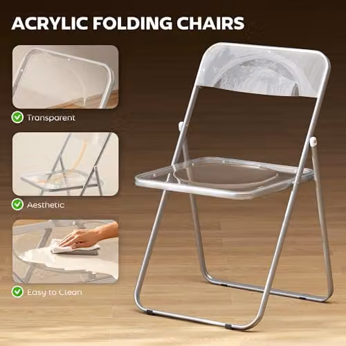 HOMCOM Set of 4 Transparent Acrylic Folding Chairs in Clear and Silver – 3