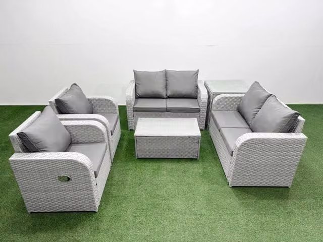 Fimous 6 Seater Rattan Garden Furniture Set with Reclining Chairs, 2 Seater Sofa, Coffee Table and Side Table in Light Grey