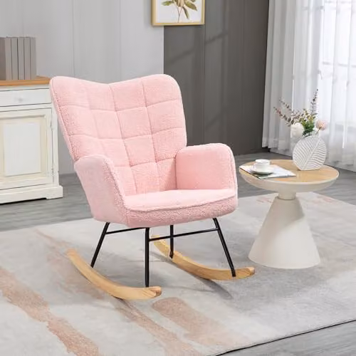HOMCOM Pink Bouclé Wingback Rocking Chair with Armrests and Metal Frame – 2