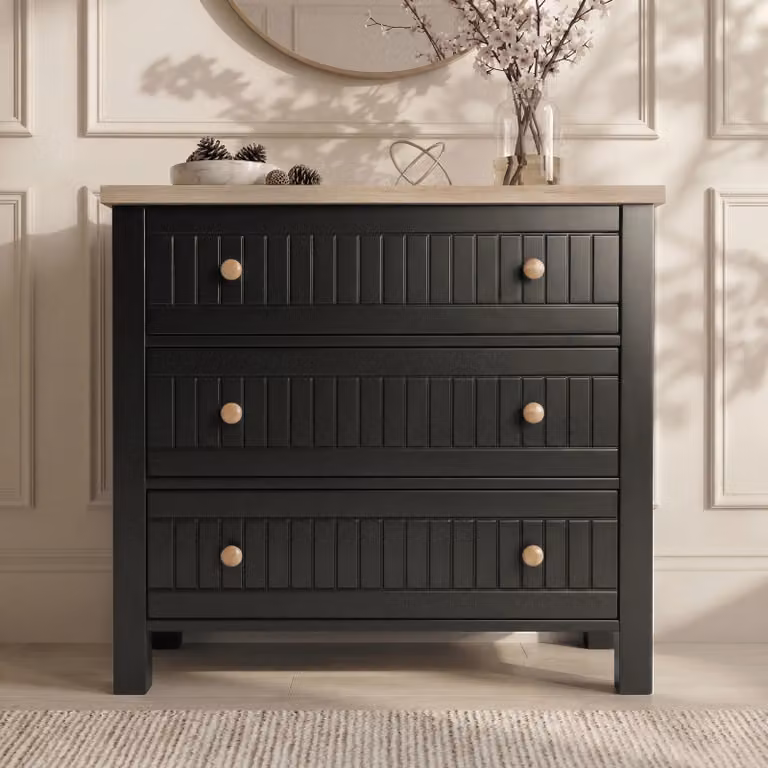 DHS Linra Black Painted 3 Drawer Chest of Drawers with Oak Top H 83 cm x W 80 cm x D 42 cm