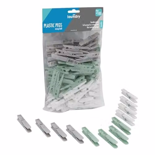 JVL 100 Pack Plastic Clothes Pegs in Assorted White, Grey and Green – 1