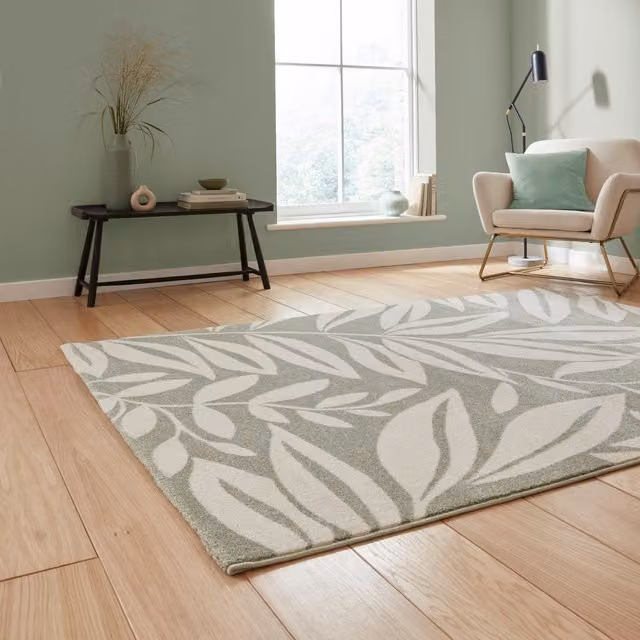 Catherine Lansfield Sorral Leaves Botanical Sage Green Floral Rug