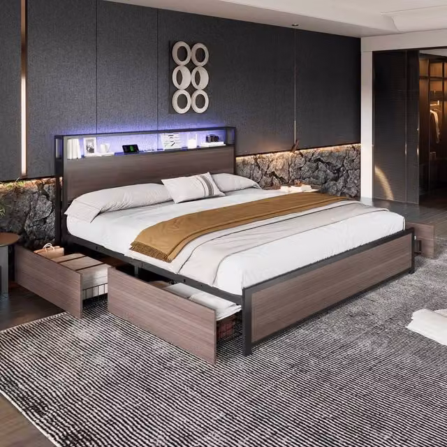 STILVORA Metal 4ft6 Double Bed with 4 Drawers, LED Lighting and USB Charging Port in Grey, W/D/H: 140 x 200 x 135.5 cm – 1