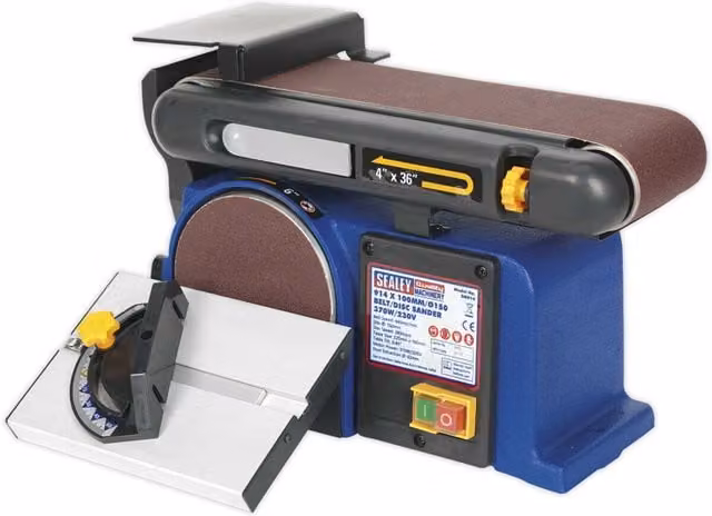 Loops Portable Table Mounted Disc and Belt Sander, 370W 230V, Blue/Multicolour, Disc Diameter: 150 mm, Belt Diameter: 100 mm