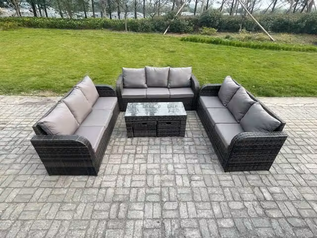 Fimous 11 Seater Rattan Garden Furniture Set with Coffee Table and 2 Footstools in Dark Grey Mixed