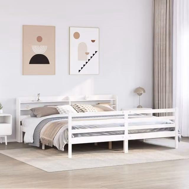 Berkfield Home Super King Bed Frame with Headboard and Side Compartments in White Rustic Pine Wood, W/D/H: 180 x 200 cm