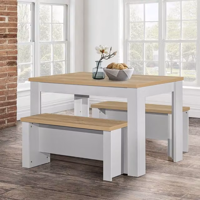 Birlea Highgate Modern Rectangular Dining Table and Benches Set in Oak and Grey