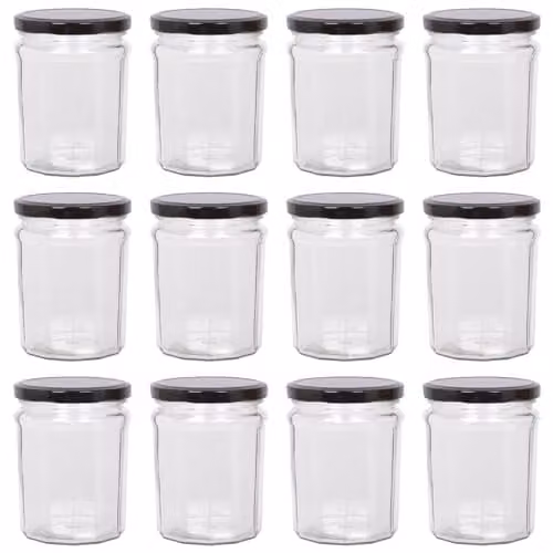 Argon Tableware Set of 12 Airtight Glass Jam Jars with Black Lids, 380ml – 1