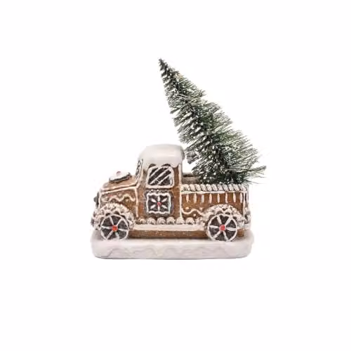 Widdop and Co Santa and Friends Light Up Gingerbread Truck Ceramic Tabletop Decoration, Brown, Height: 14 cm