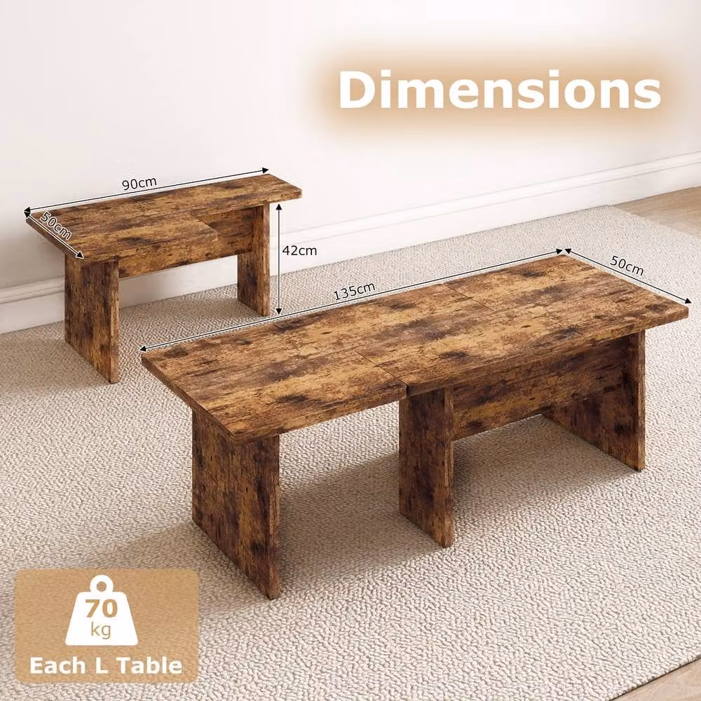 Costway Set of 2 Modular Industrial Coffee and Side Tables in Walnut Brown Wood – 3
