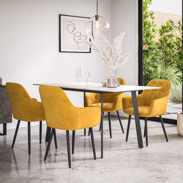 More4Homes Haydon Extending Dining Table with White Marble Effect Top and Black Legs and 6 Anika Mustard Velvet Dining Chairs