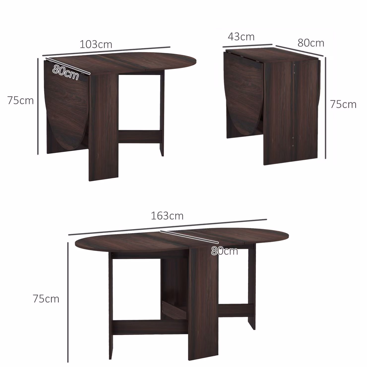 HOMCOM Folding Drop Leaf Dining Table with Oval Top in Brown Wood Effect – 3