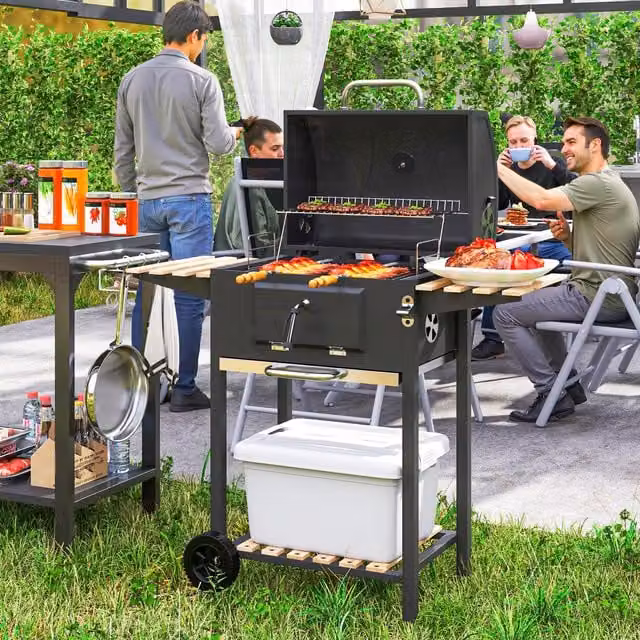 Outsunny Charcoal BBQ Grill with Height Adjustable Charcoal Pan and Thermometer, Black
