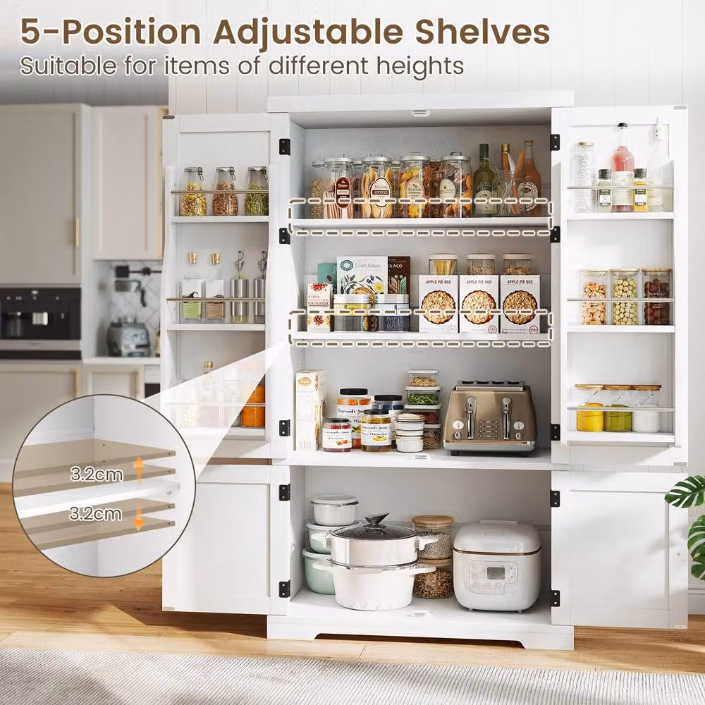 Costway White Freestanding 4-Door Pantry Cabinet Tall Kitchen Cupboard, Height: 139 cm – 2