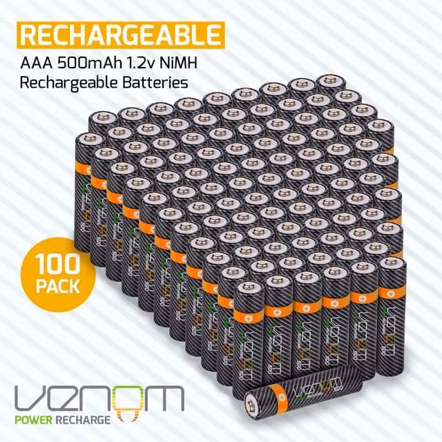 Venom 500mAh Rechargeable AAA Batteries, 100-Pack, Black