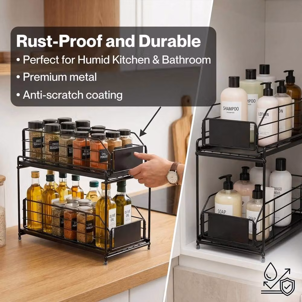 EONLION 2 Tier Metal Pull Out Under Sink Kitchen Cabinet Storage Basket in Black – 4