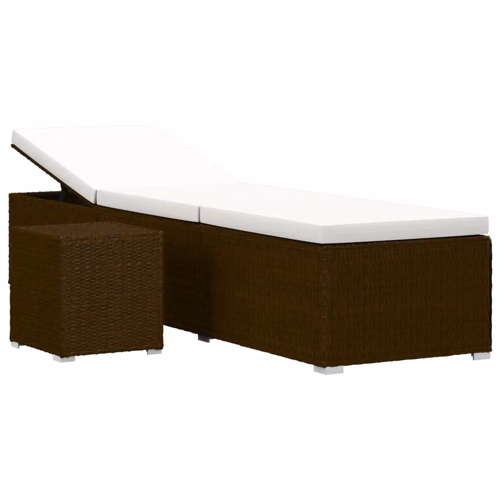Berkfield Home Brown Poly Rattan Sun Lounger with Cushion and Tea Table – 2
