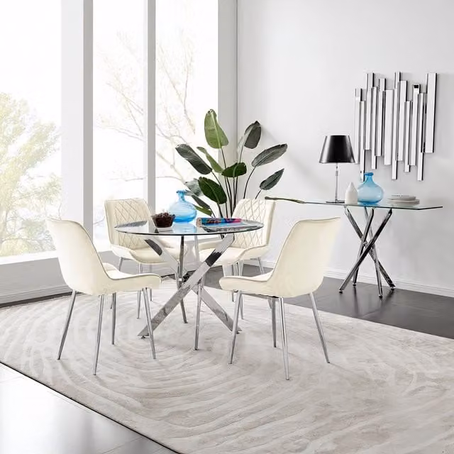 FurnitureboxUK Novara Round Glass Dining Table and 4 Pesaro Upholstered Chairs with Silver Legs in Cream