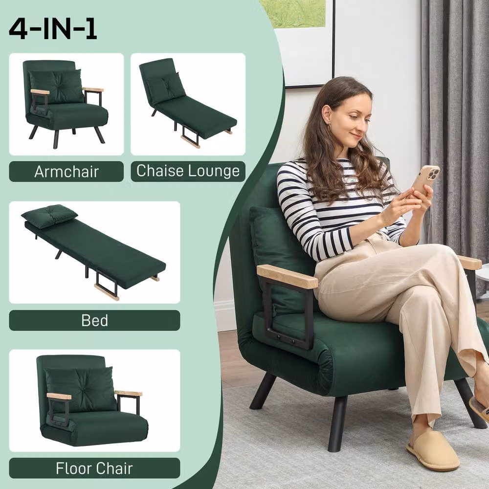 STILVORA 4-in-1 Green Velvet Chair Bed with Pillow – 6