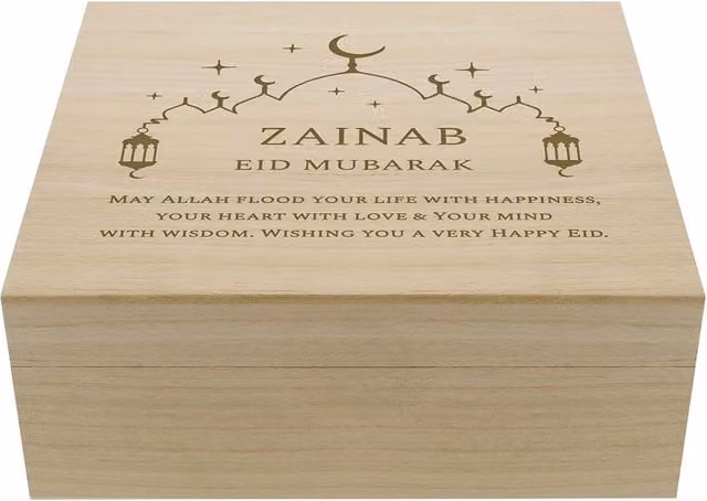 Personalised Memento Company Personalised Eid and Ramadan Large Wooden Keepsake Box in Light Brown