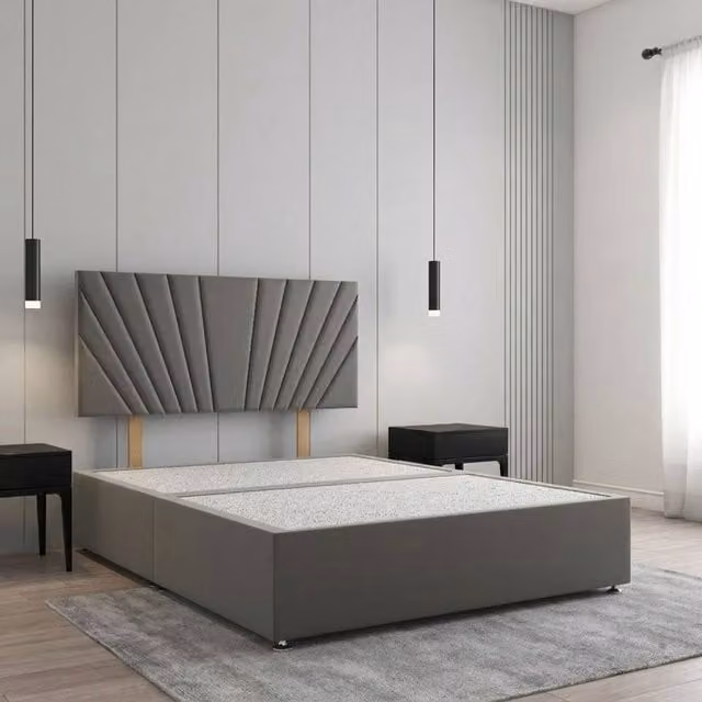 Regional Furnishings Single Divan Bed Base with 24 inch Headboard in Grey Plush Velvet, W/D/H: 90 x 200 cm