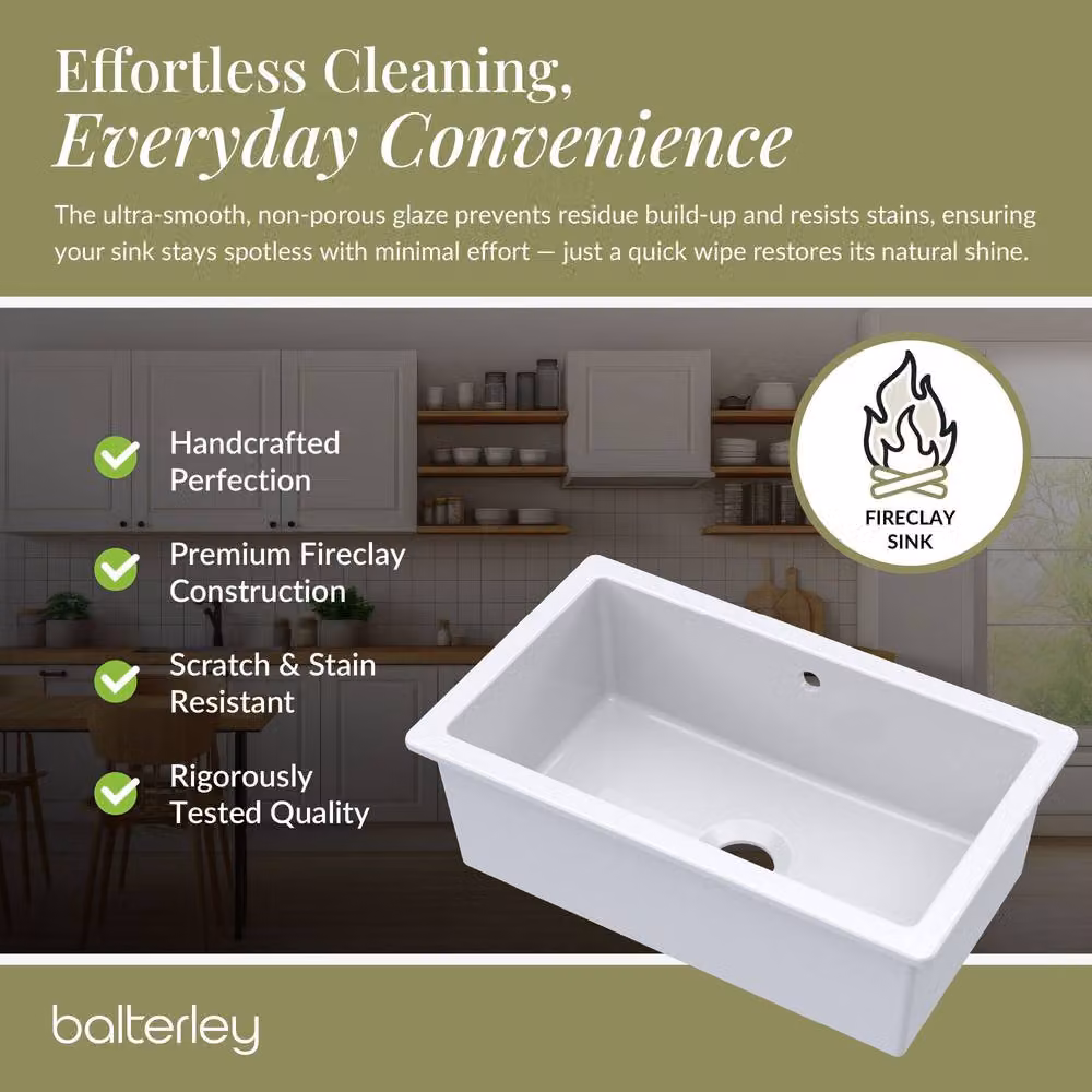 Balterley White Ceramic Fireclay Undermount 1 Bowl Kitchen Sink with Overflow W: 76.3 cm, D: 45.7 cm – 4