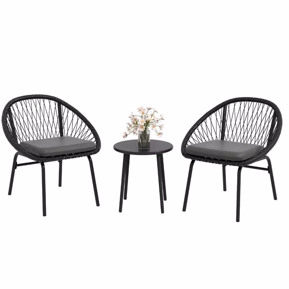Wyld Haus Lukeno 3 Piece Black Rattan Bistro Set with 2 Chairs and Round Coffee Table – 2