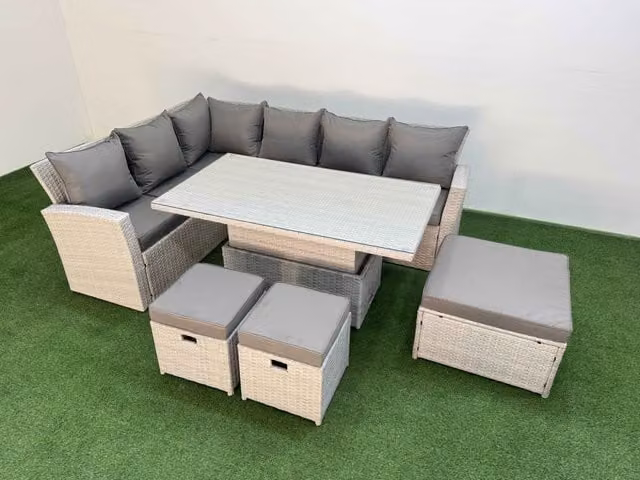 Fimous 9 Seat Garden Furniture Set with Corner Sofa, Armchair and 3 Footstools in Light Grey