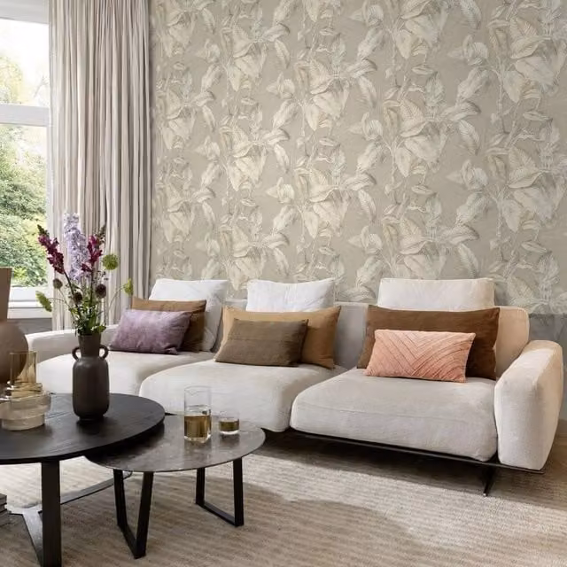 Havendro Boho Palm Leaf Textured Vinyl Wallpaper in Beige and Yellow